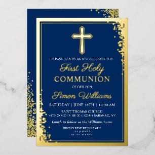 Echtes Folien-Gold-Glitter Navy Blau Erste Kommuni Folieneinladung
