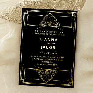 Echtes Gold und schwarze Vintage-Art-Deco-Hochzeit Folieneinladung