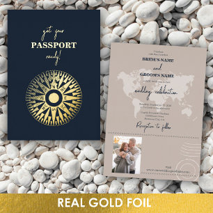 Echtes Goldfolie-Hochzeitspass-Kompass-Hochzeit Folieneinladung