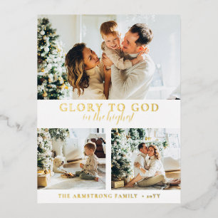 Echtes modernes religiöses Weihnachtsfoto mit Gold Folien Feiertagspostkarte