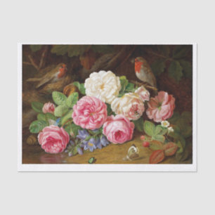 Echtes (nicht KI) Vintage Blumen- und Vögel-Stilll Seidenpapier
