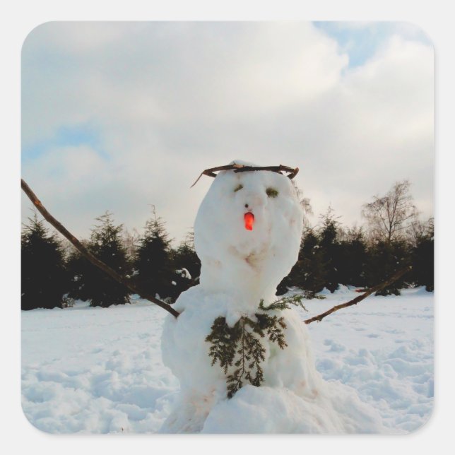 Echtes Schneemann-Foto Quadratischer Aufkleber (Vorderseite)