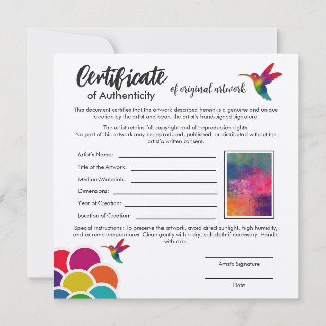 Echtheitszertifikat für Originalwerke Karte (Vorderseite)