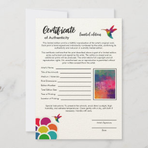 Echtheitszertifikat Limited Edition Print Karte