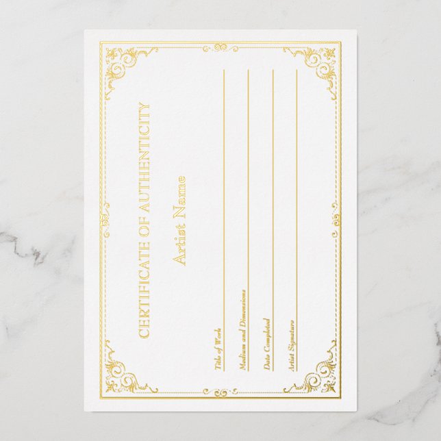 Echtheitszeugnis für viktorianische goldene Folien Folieneinladung (Vorderseite)