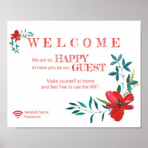 Eckige rote Blumen Willkommen Gast Wifi Passwort Poster