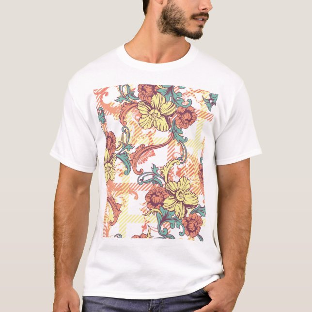 Eclectic Baroque Stoff Kariertes Muster T-Shirt (Vorderseite)