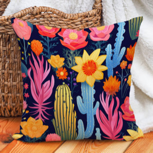 Eclectic Bold Yellow Pink Red Navy Floral Cactus Kissen