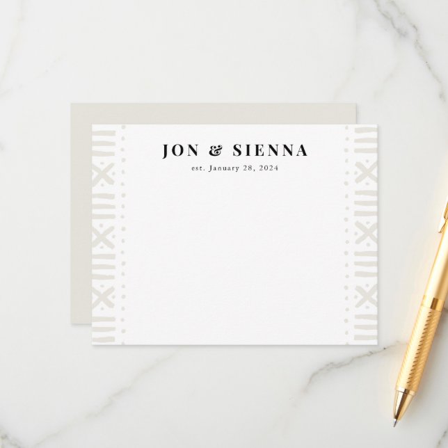 Ecru Boho Mudcloth Border Couple's Stationery Begleitkarte (Vorderseite/Rückseite Beispiel)