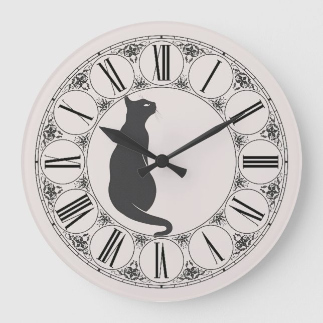 Ecru mit schwarzer Katze und römischer Zahlenwand Große Wanduhr (Vorderseite)