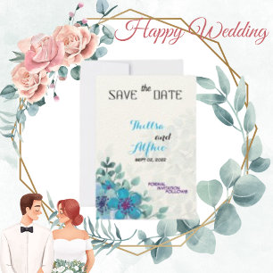 Ecru Paper Blue Floral Blume Save the Date Karte