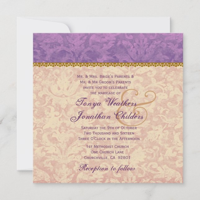 Ecru und Lila Damask Wedding Template V12 Einladung (Vorderseite)