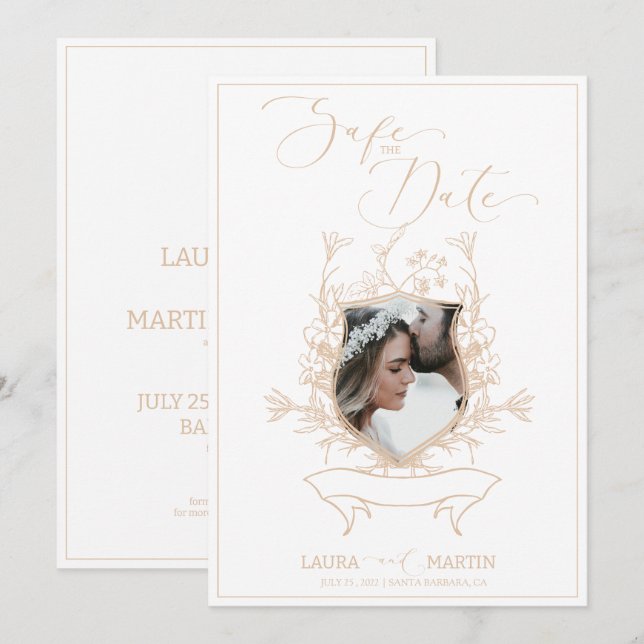 Ecru Wappen florales Foto Elegante Rahmen Einladun Einladung (Vorne/Hinten)