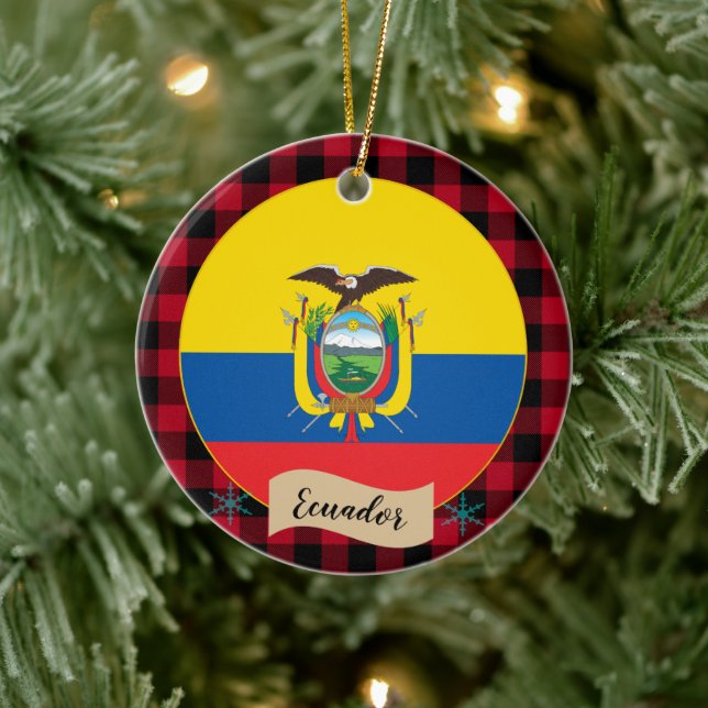 Ecuador, Roter Büffel kariert & Ecuador-Flagge Keramik Ornament (Baum)