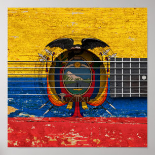 Ecuadorian-Flagge auf alter Akustikgitarre Poster