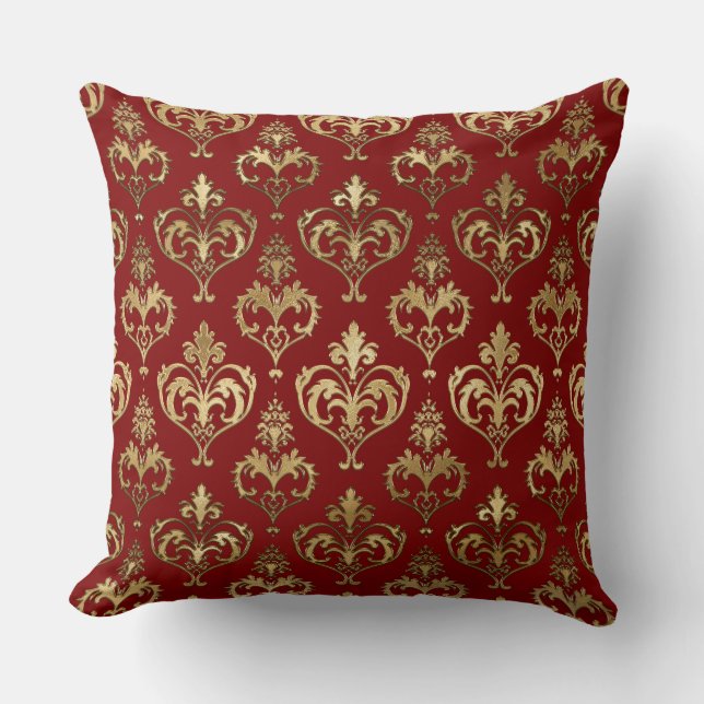 Edel Rot und Gold Herzchen Valentine's Damask Kissen (Vorderseite)