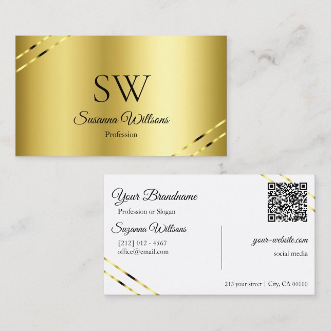 Edelgold mit schimmernden Linien Monogramm QR Code Visitenkarte (Vorne/Hinten)
