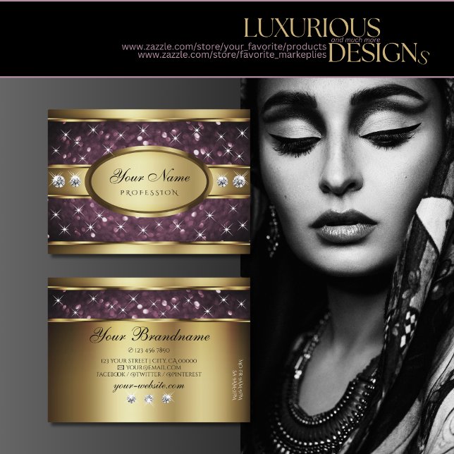 Edelgolddekor Lila Glitzer Stars und Diamanten Visitenkarte (Von Creator hochgeladen)