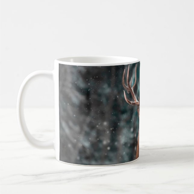 Edelhirsche männlich im Winterschneewald. Künstler Kaffeetasse (Links)