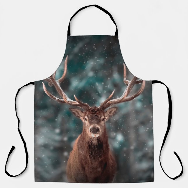 Edelhirsche männlich im Winterschneewald. Künstler Schürze (Vorderseite)