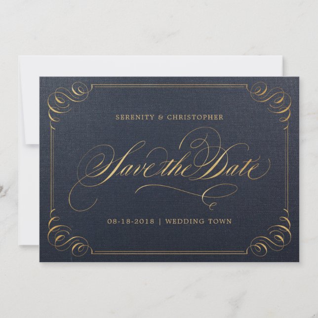 Edelkalligraphie Navy in Gold Save the Date (Vorderseite)