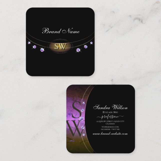 Edelschwarz-goldfarbene Lila Marmorinitis Diamante Quadratische Visitenkarte (Vorne/Hinten)