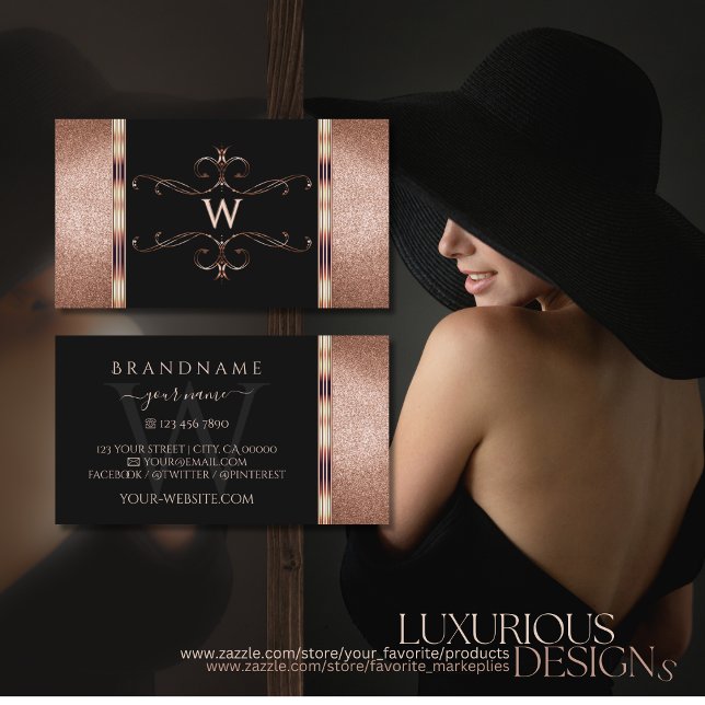 Edelschwarze Rose Gold Glitzer Ornamental Monogram Visitenkarte (Von Creator hochgeladen)