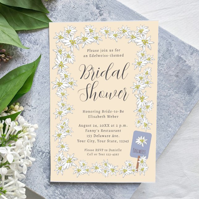 Edelweiss Alps Wildblume Champagne Brautparty Einladung (This Edelweiss themed bridal shower invitation features my hand-drawn border of Alpine wildflowers.)