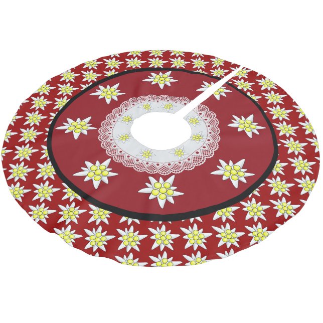 Edelweiss Floral Red Christmas Tree Skirt Polyester Weihnachtsbaumdecke (Schrägansicht)