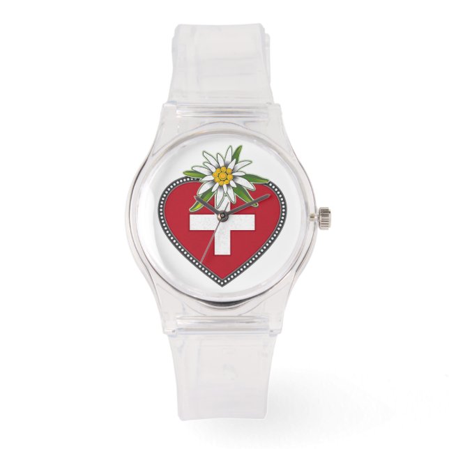 Edelweiss Herz Schweizer Flagge Armbanduhr (Vorderseite)