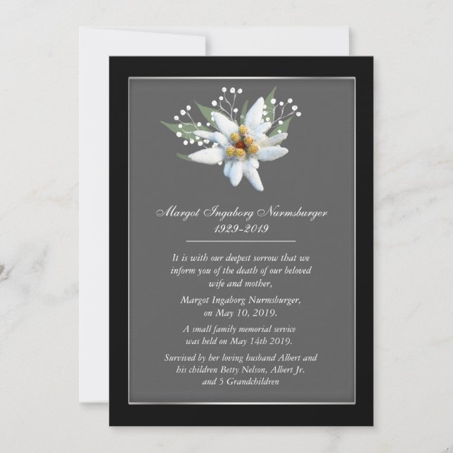 Edelwiess European Style Death Announcement Card Ankündigung (Vorderseite)