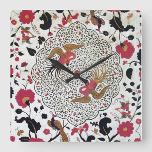 EDEN / ELEGANT RED BLACK WHITE FLOWERS AND BIRDS QUADRATISCHE WANDUHR