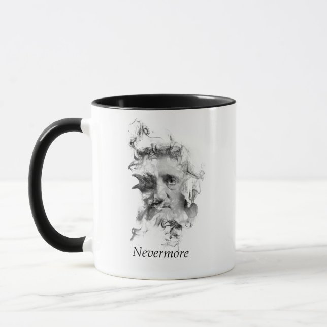 Edgar Allan Poe im Rauche mit Raben - nie wieder Tasse (Links)