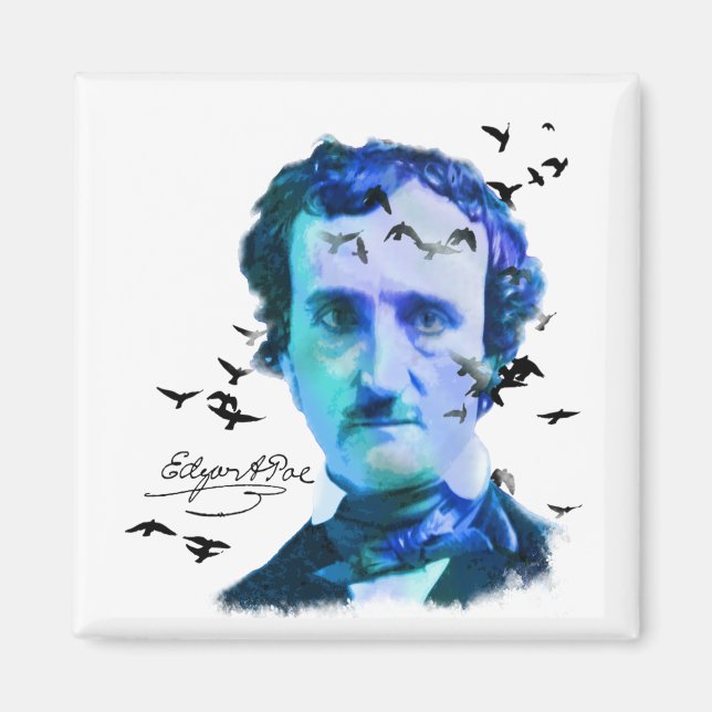 Edgar Allan Poe in Shades of Blue mit Ravens Magnet (Vorne)