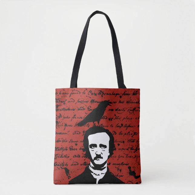 Edgar Allan Poe mit schwarzem Raben auf Rot (Vorderseite)
