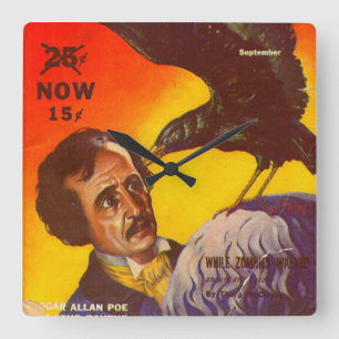 Edgar Allan Poe und Raven Pulp Magazin-Cover Quadratische Wanduhr