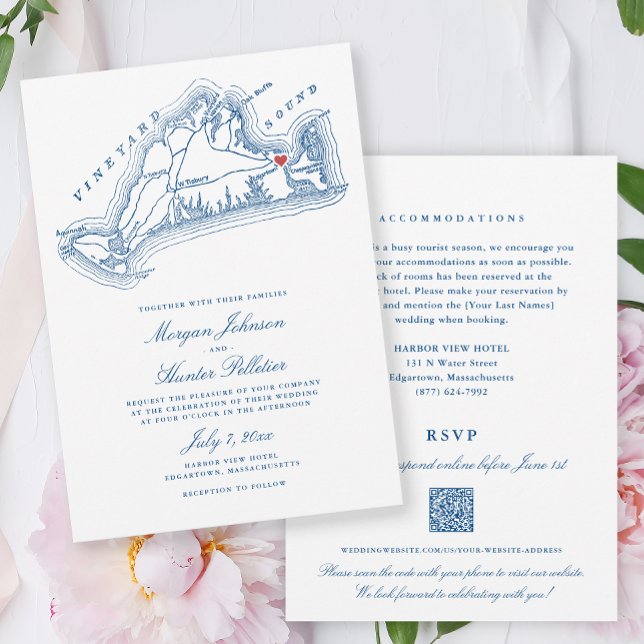 Edgartown MA All-in-One Navy Blue QR Code Wedding Einladung (Edgartown MA Martha's Vineyard Map All in One Wedding invitation in elegant Navy Blue )