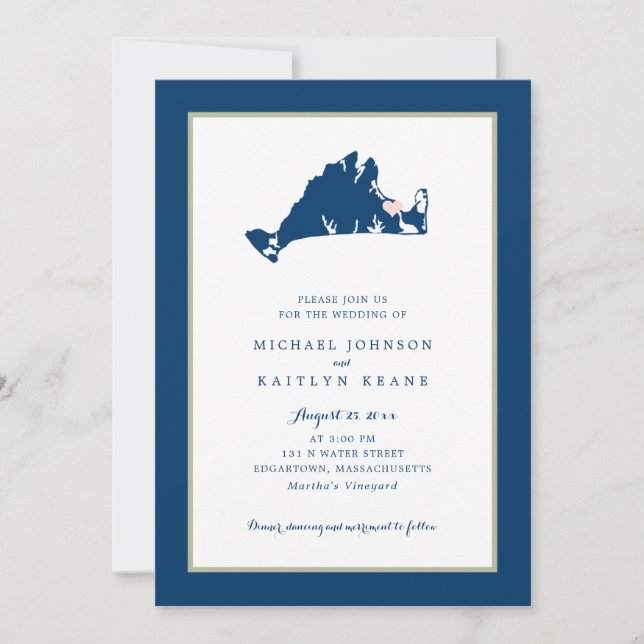 EDGARTOWN Marthas Vineyard Blue Map Wedding Invita Einladung (Vorderseite)