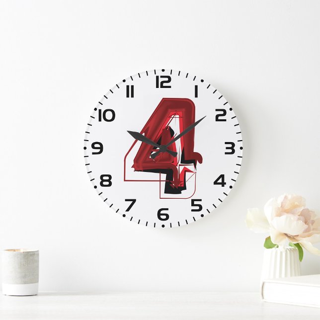 Edgy Abstrakt Red and Black Number 4 Große Wanduhr (Von Creator hochgeladen)