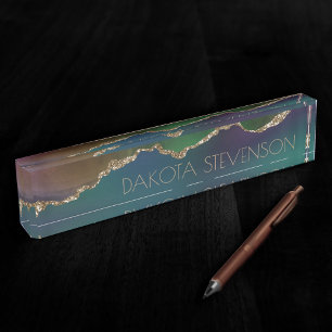 Edgy Agate Dark Moody Jewel Tone Aquamarin Namensplakette