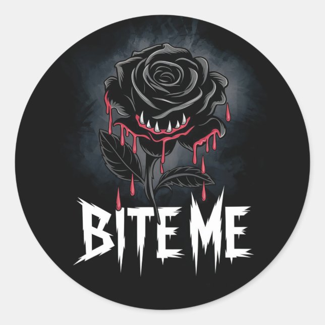 Edgy 'Bite Me' Gothic Rose Design Runder Aufkleber (Vorderseite)