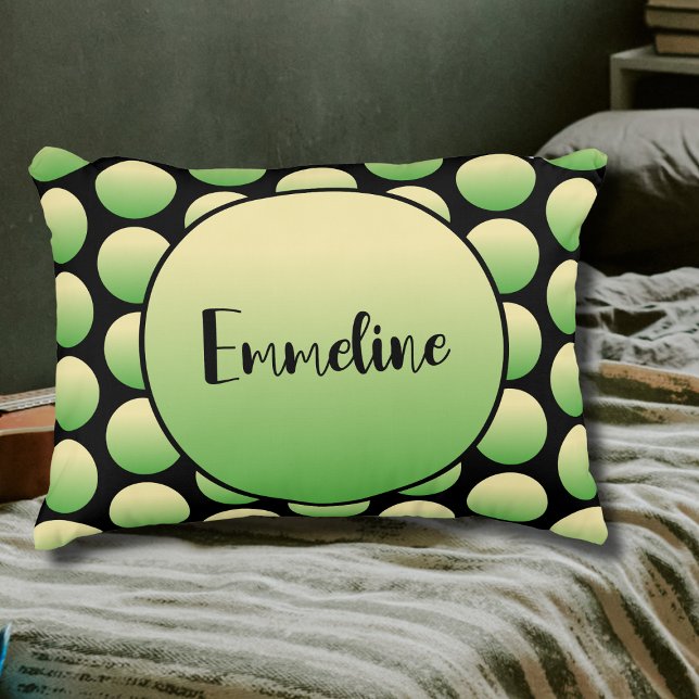 Edgy Black Green Gradient Dots Name Accent Pillow Dekokissen (Personalized accent pillow on a bed, with script name and green polka dots on a black background.)