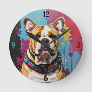 Edgy Bulldog Grunge Hintergrund Runde Wanduhr