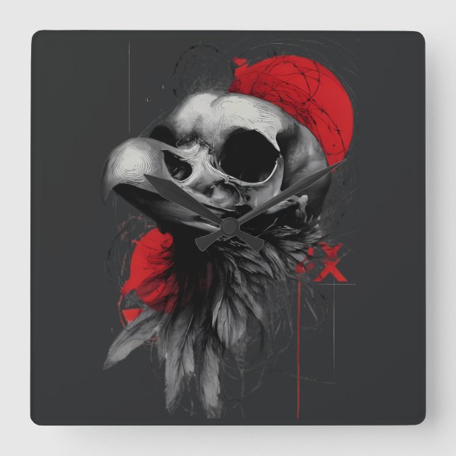 Edgy Crow Skull Gothic Grunge Wall Clock Quadratische Wanduhr (Vorderseite)