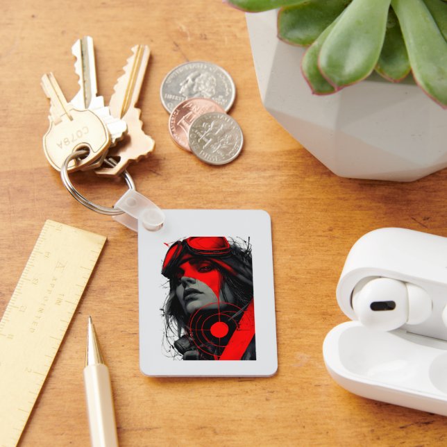 Edgy Cyberpunk Dystopian Girl Red Target Keychains Schlüsselanhänger (Schreibtisch)