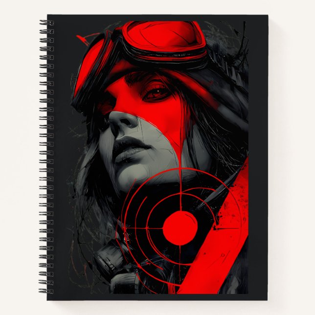 Edgy Cyberpunk Dystopian Girl Red Target Notizbuch (Vorderseite)