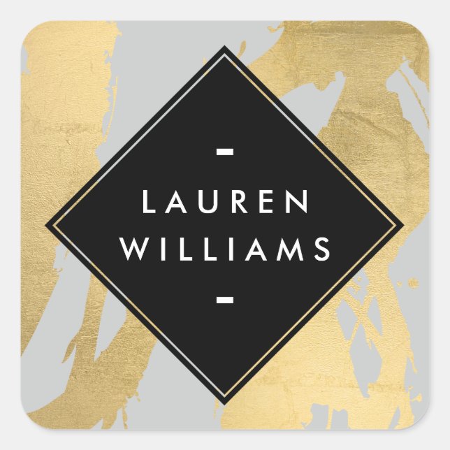 Edgy Imitate Gold Pinselstriche auf Grau Quadratischer Aufkleber (Vorderseite)