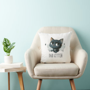 Edgy Kitten Illustration - "Bad Kitten" Text Kissen