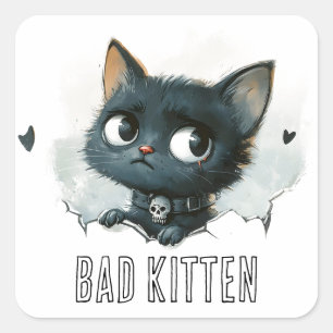 Edgy Kitten Illustration - "Bad Kitten" Text Quadratischer Aufkleber