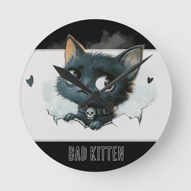 Edgy Kitten Illustration - "Bad Kitten" Text Runde Wanduhr (Vorderseite)